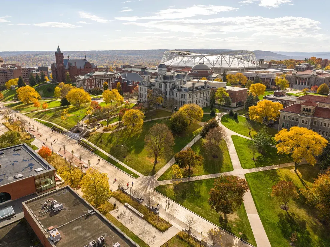 Aerial of campus in the fall.